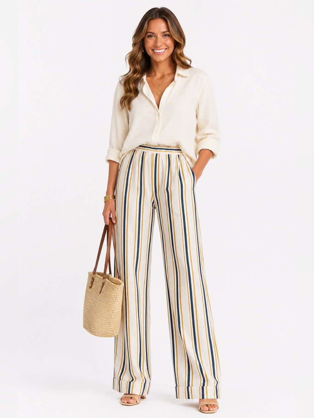 Jockey Striped Wide-Leg Pants in Ivory, Navy and Mustard